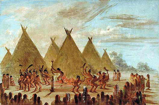 Sioux war dance brandishing war clubs